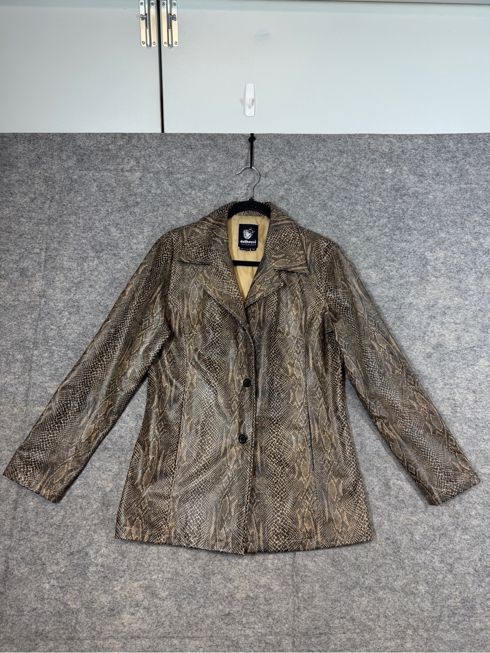 Dollhouse Y2K Snakeskin Print Jacket Brown Medium Faux Leather Moto Coat Luxe
